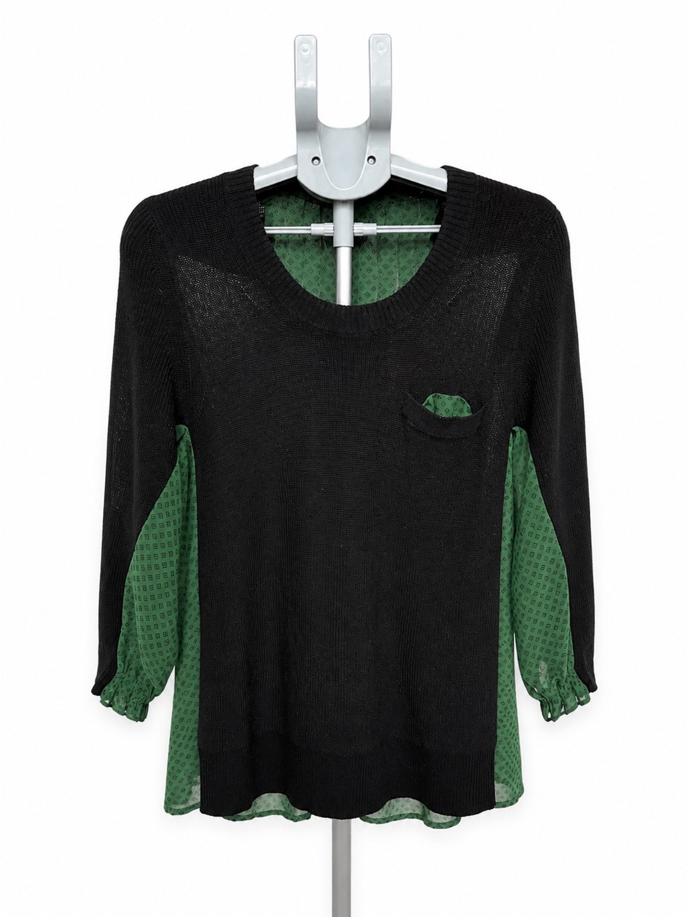 CAbi Layered Look Black Knit Tunic Green Chiffon Insets Pocket M
